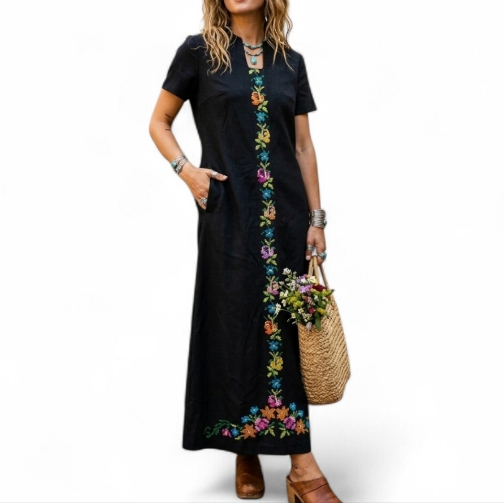 Vintage SHAN Bangkok Embroidered Floral Maxi Dress Black Bohemian Folk Art 60s